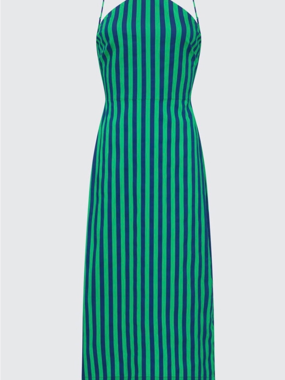 Simon Miller Green and Navy Striped Spaghetti‑Strap Midi Dress